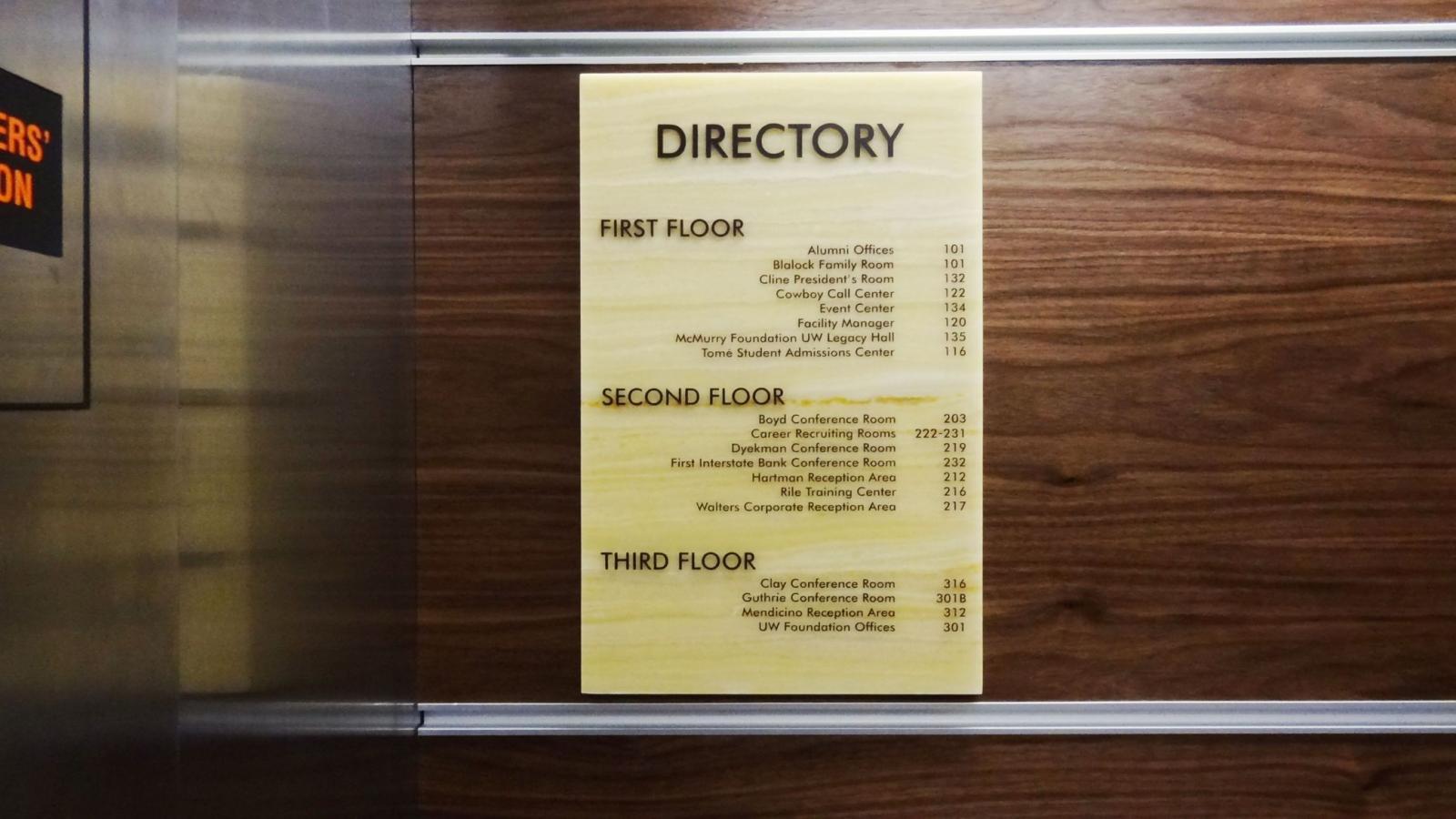 Wooden directory sign mounted on a wall, listing various rooms and their numbers categorized by floor. The first floor includes offices and centers, while the second and third floors list numerous conference rooms and foundation offices.