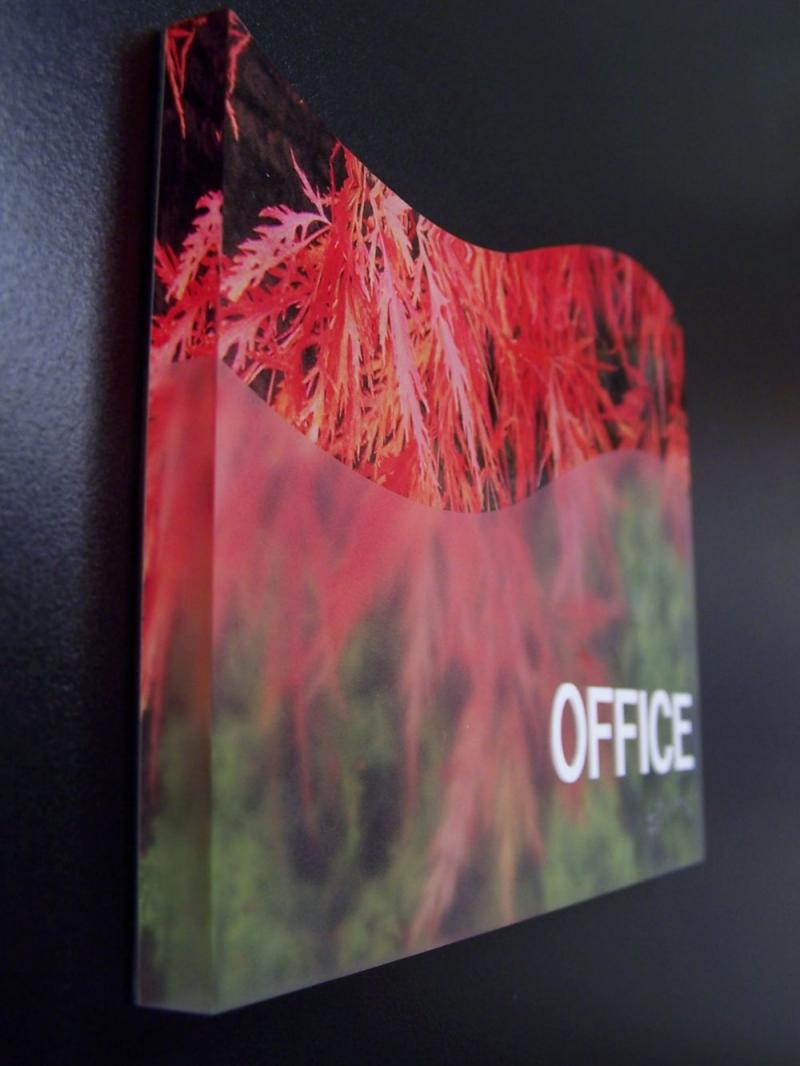 A close-up of a decorative office sign attached to a wall. The sign has a wavy design with an image of red and green foliage. The word "OFFICE" is prominently displayed in white letters at the lower right corner.