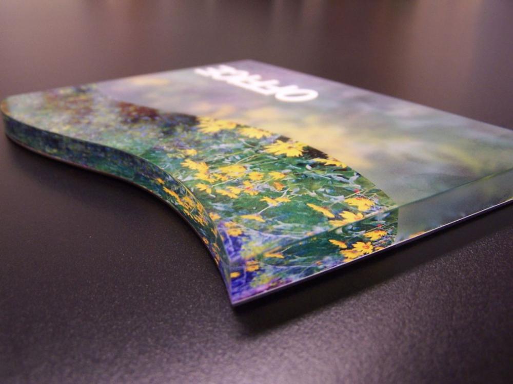 A close-up photo of a curved, sleek desk calendar lying on a dark surface. The calendar features a vivid image of yellow flowers set against greenery and a blurred background, creating an artistic and colorful display.