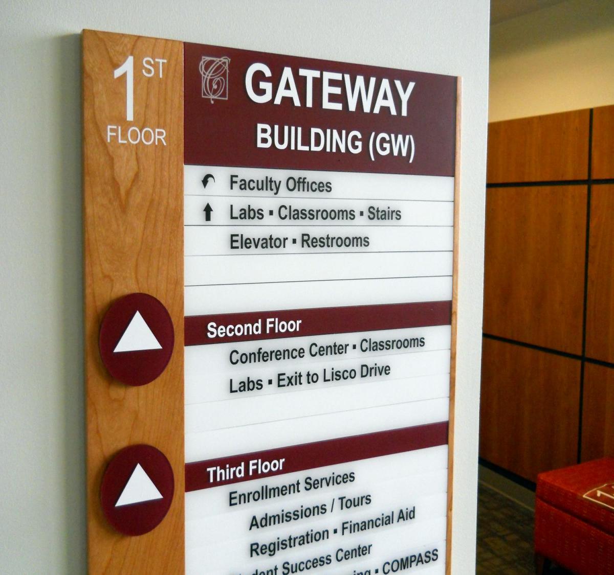Directory sign inside a building listing facilities for three floors. First floor includes faculty offices, labs, classrooms, stairs, elevator, and restrooms. Second floor includes conference center, classrooms, labs, exit to Lisco Drive. Third floor includes enrollment services, admissions, registration, financial aid, student success center, and COMPASS.
