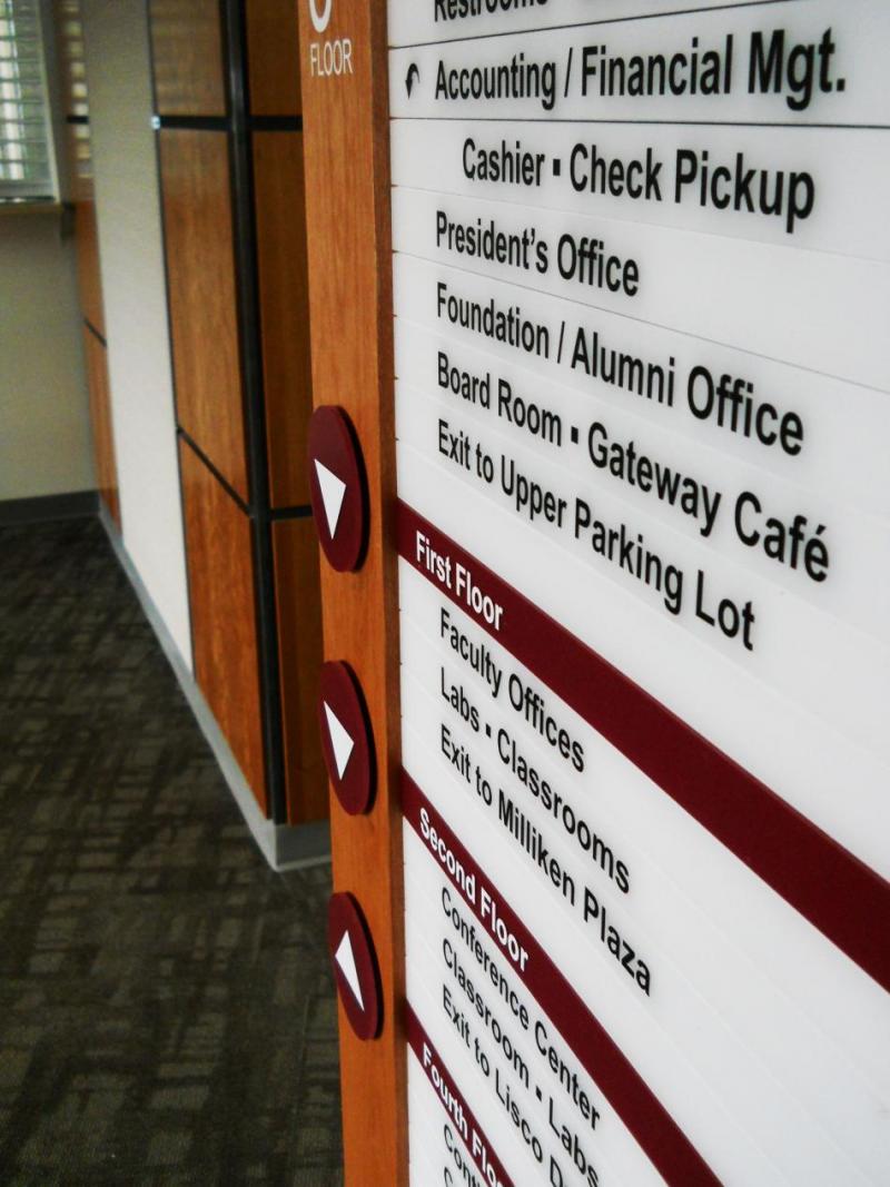 A directory sign in a building hallway indicating locations for various departments and offices under "Gateway Building (GW)." The sign has arrows pointing to different floors, a graphic at the bottom, and double doors in the background. This is a closeup of the lettering.