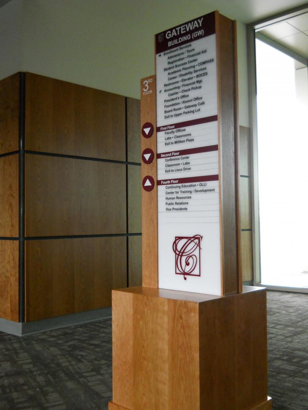 A wooden directory sign for the Gateway Building (GW) is displayed in a hallway. It lists offices and facilities on various floors. The sign stands on a wooden pedestal and is located near a corner of the hallway with wooden paneling on the walls.