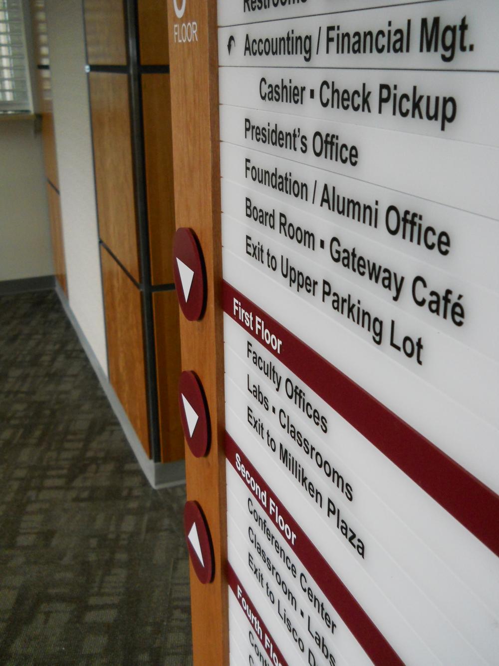 A wooden directory sign for the Gateway Building (GW) is displayed in a hallway. It lists offices and facilities on various floors. This is a closeup of the lettering.