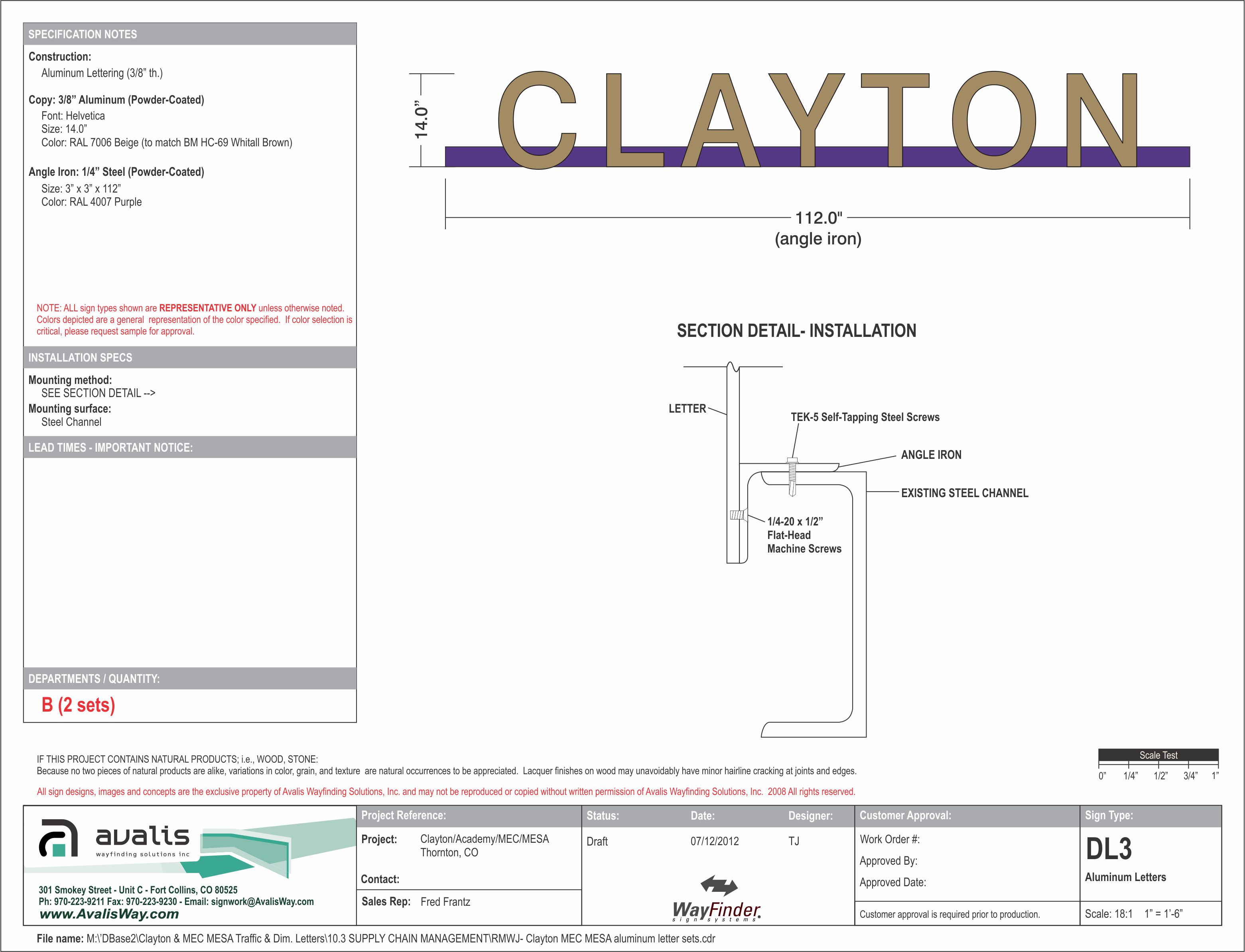 Technical drawing of a wall signage installation for "CLAYTON". Diagram shows letters placed on an angled iron frame with detailed measurements and instructions for mounting, including drill and screw specifications. Manufacturer and project details are listed in the margins.