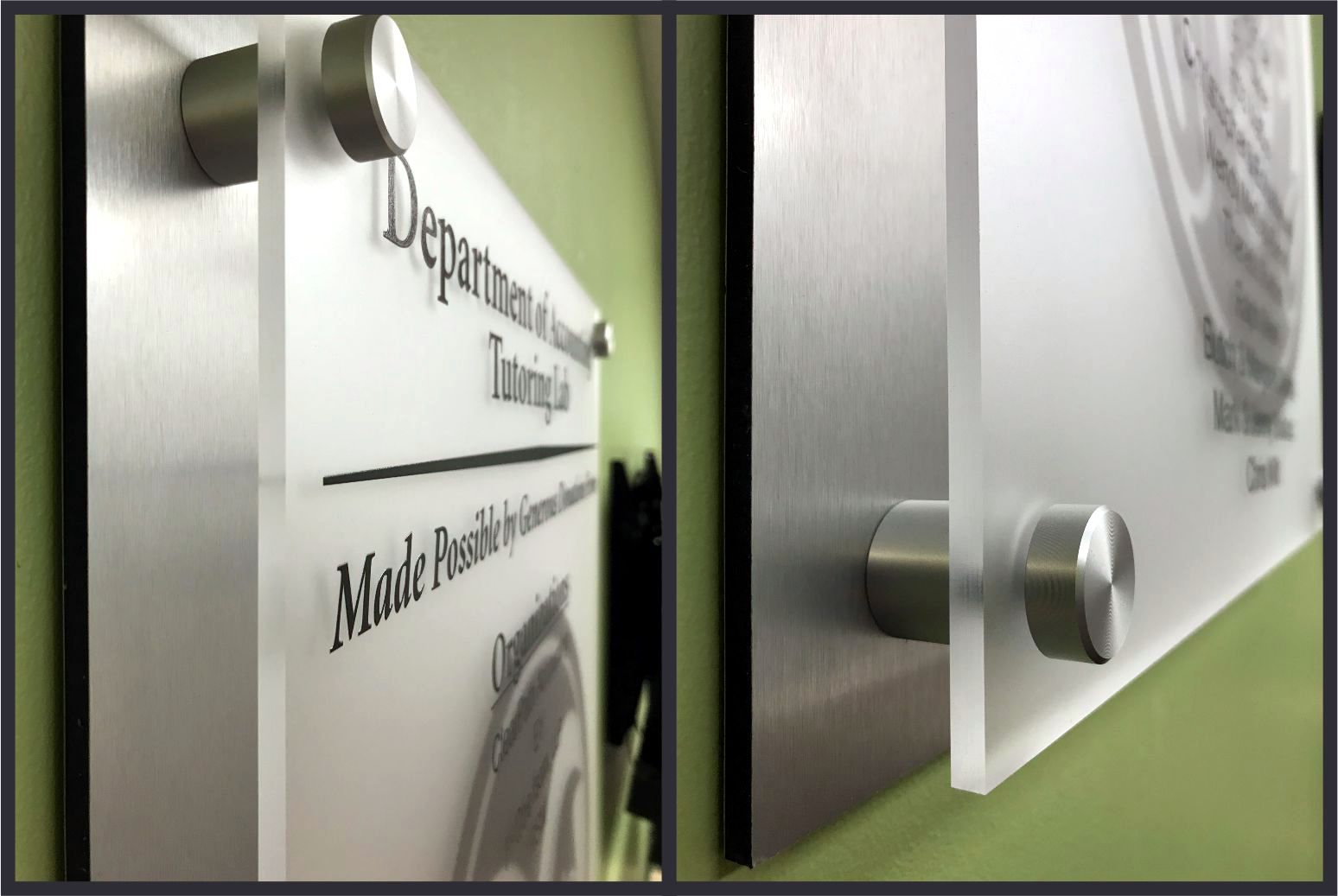 A frosted glass sign in the Department of Accounting Tutoring Lab lists generous donations from various organizations and individuals. The sign includes names like ClearPath Accounting, EY, and several individuals. The background features a subtle university logo.  This is a closeup showing how the glass is attached to the wall plate.