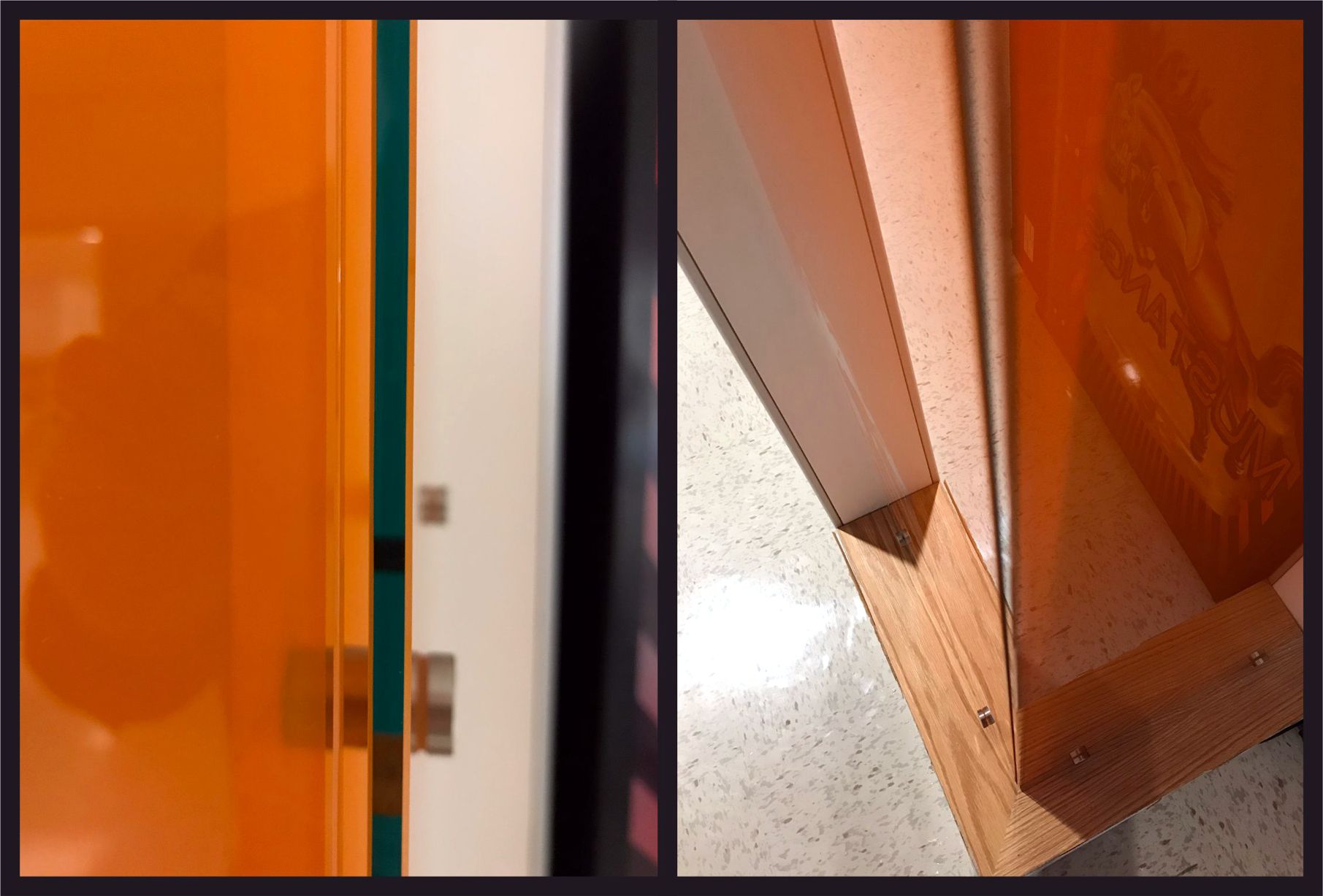 Split image showing two close-up views of an orange-tinted, transparent panel. The left side highlights the edge of the panel near a door frame, with a lock visible. The right side shows the panel's edge anchored in a wooden mount, positioned near a white door and tiled floor.