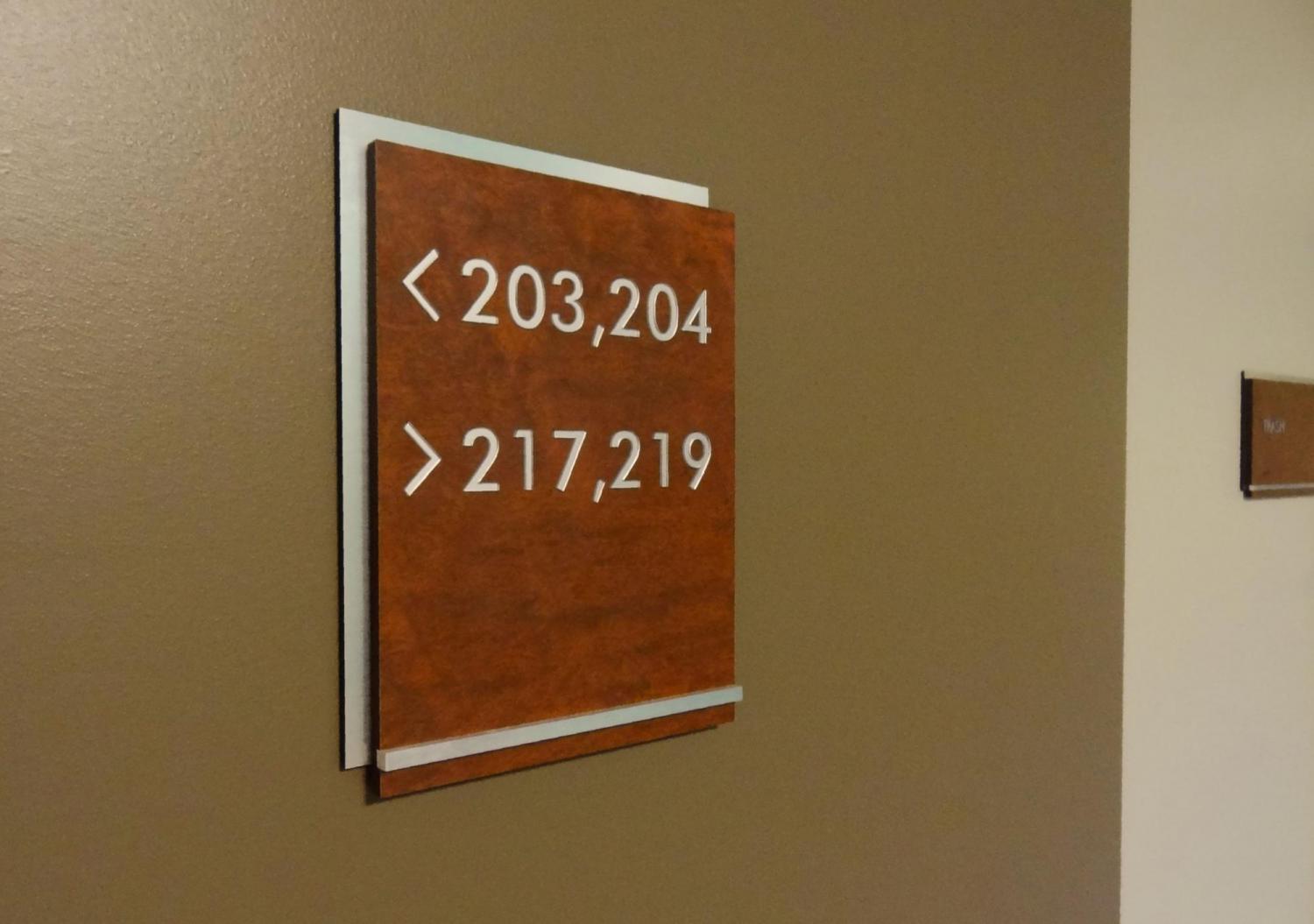 A wall-mounted sign with a wooden background indicates room directions. It has two arrows pointing left and right. The left arrow is labeled "203, 204" and the right arrow is labeled "217, 219." The sign is attached to a brown wall.