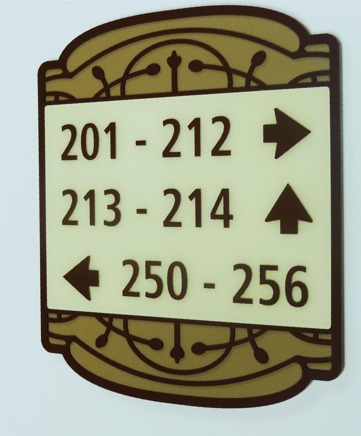A rectangular sign with decorative elements at the top and bottom shows directional arrows for room numbers. Rooms 201-212 are to the right, 213-214 are straight ahead, and 250-256 are to the left. The background is a pale yellow with brown text and arrows.