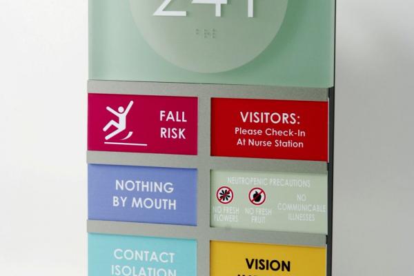 Patient room sign with health care indicators specific to the patient.