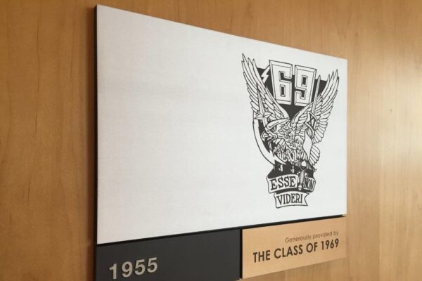 A plaque mounted on a wooden wall features a logo with an eagle, the number "69", and the words "Essel LG Viden." Below the image, a metallic strip reads "1955" and "Presented by the class of 1969.