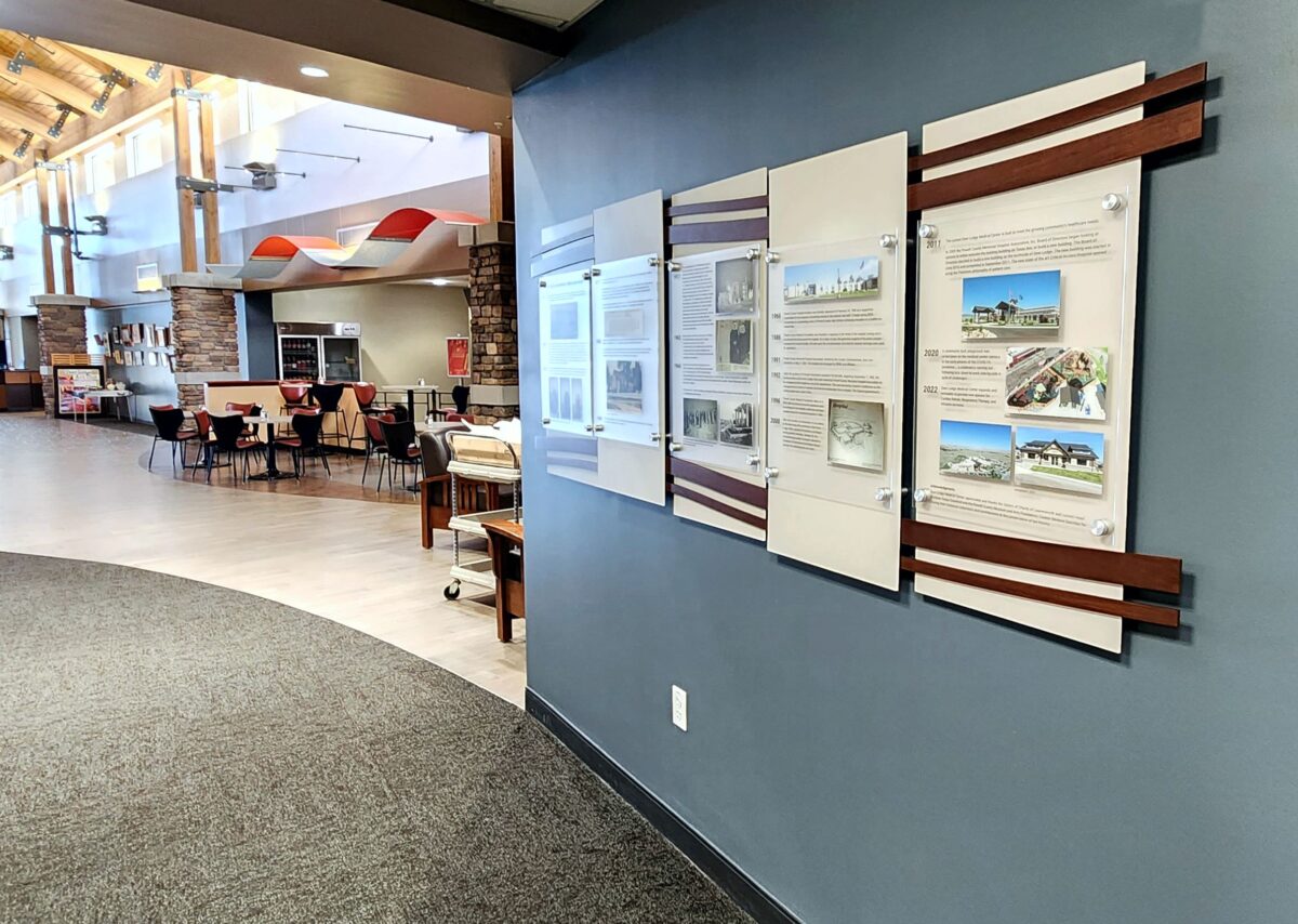 A display on a dark-colored wall features four acrylic panels with historical text, images, and dates ranging from 1869 to 1920. Each panel is bordered by wooden slats, and the first panel caption reads, "We all begin somewhere. Here is our story.