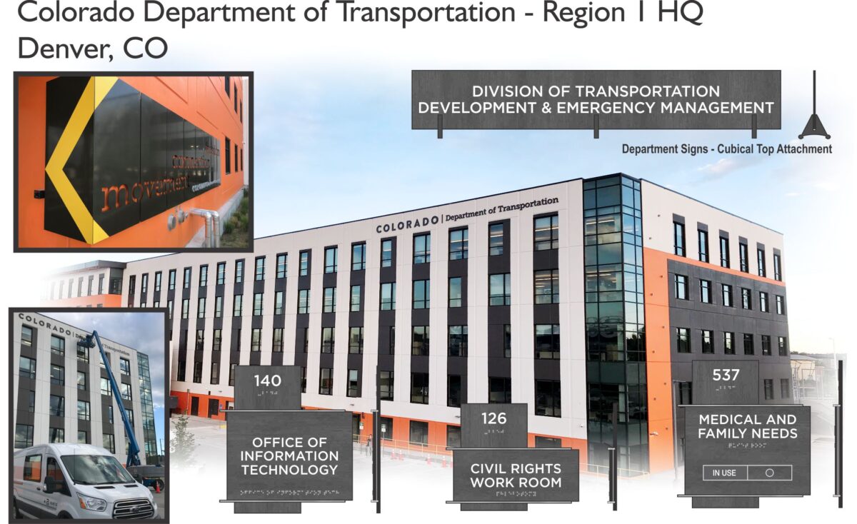 A multi-story building, labeled Colorado Department of Transportation, HQ, in Denver, CO. Multiple signs indicate various departments, including Office of Information Technology, Civil Rights Work Room, and Medical and Family Needs Room.
