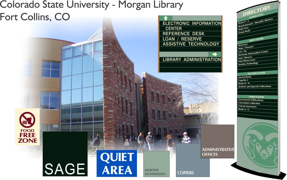 Signage for Colorado State University's Morgan Library in Fort Collins, CO. The image includes a directional directory, various signs for food-free zones, quiet areas, SAGE, assistive technology, administrative offices, and copiers against a background of the library exterior.