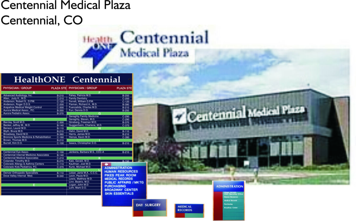 An image of Centennial Medical Plaza in Centennial, CO. The main photo features the medical plaza's building with the name sign. Accompanying the main photo are lists of physicians and departments, along with images of their brochures and directory.