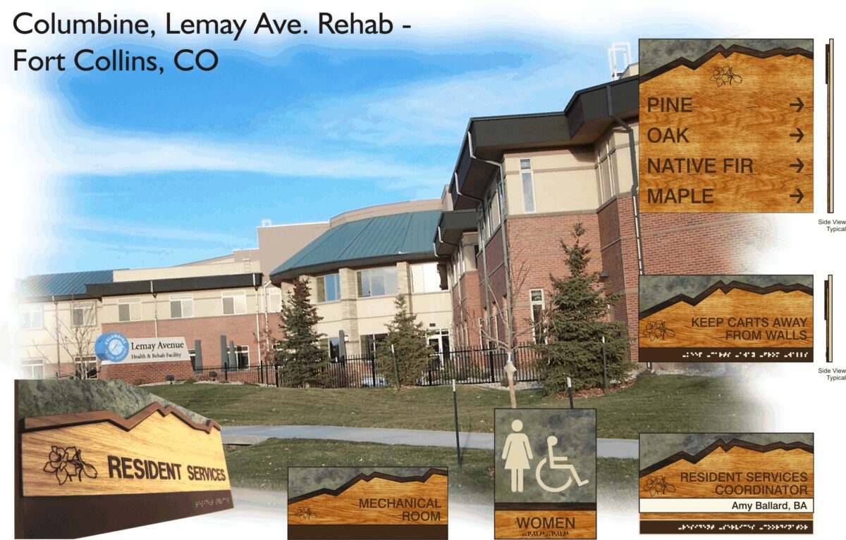 A building with multiple signs is shown. The main sign reads "Columbine, Lemay Ave. Rehab - Fort Collins, CO." Smaller signs indicate locations, including "Resident Services," "Mechanical Room," "Women," and "Resident Services Coordination." Trees and a clear sky are visible.