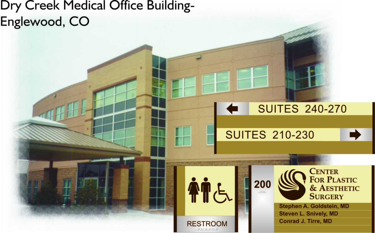 A medical office building in Englewood, CO is shown. Directories indicate suites 210-230 and suites 240-270. Signs for a plastic and aesthetic surgery center are visible, including names of doctors. There is also a restroom sign indicating accessibility.