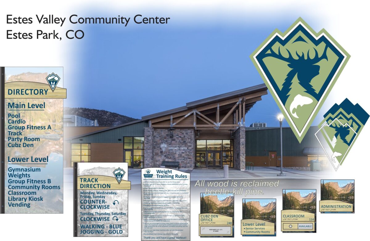 Exterior view of Estes Valley Community Center in Estes Park, CO at twilight. Signs highlight the main and lower levels, track directions, weight training rules, and various facilities such as the Cubz Den, offices, and classrooms.