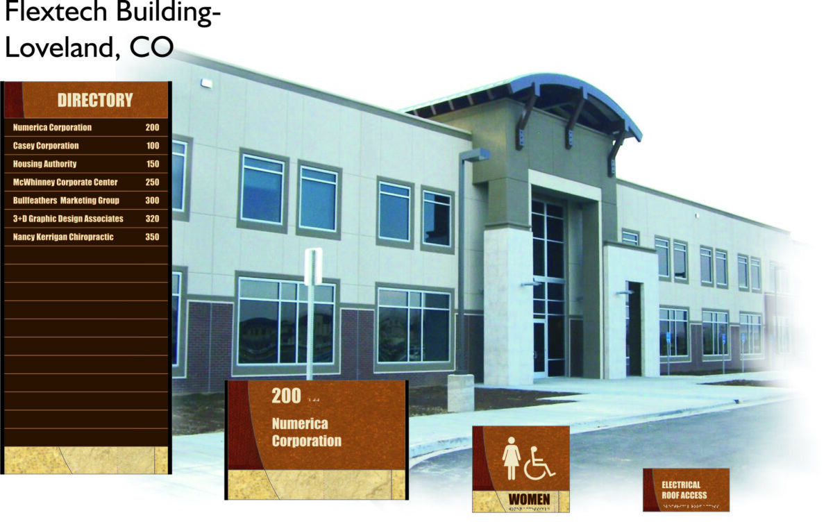 Exterior view of the Flextech Building in Loveland, CO. The building houses various directories including Numerica Corporation, Cosco Corporation, Rossing & Associates, WinChemmy Corporate Center, BullseyeHub Marketing Group, 3-D Graphic Design Associates, and Nancy Kershman Chiropractic. Signs for room 200 Numerica Corporation, women’s restroom, accessible parking, and electrical roof access are also displayed.