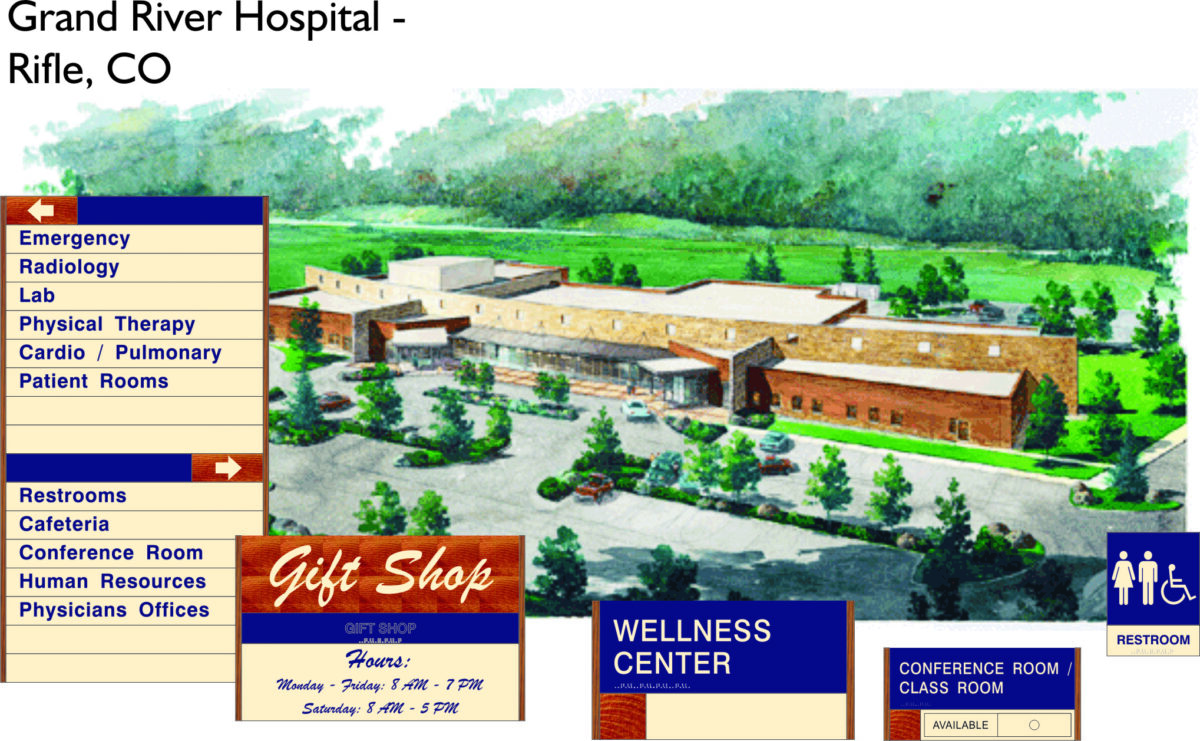Illustration of Grand River Hospital in Rifle, CO, showing the hospital building surrounded by trees. Signage indicates various hospital departments, locations for restrooms, cafeteria, gift shop, wellness center, and conference rooms.