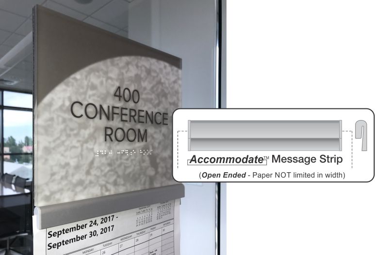 A room sign with "400 Conference Room" written on it. Below is a strip labeled "Accommodate Message Strip" with a note: "Open Ended - Paper NOT limited in width." There is a small calendar for September 24, 2017, to September 30, 2017, at the bottom.