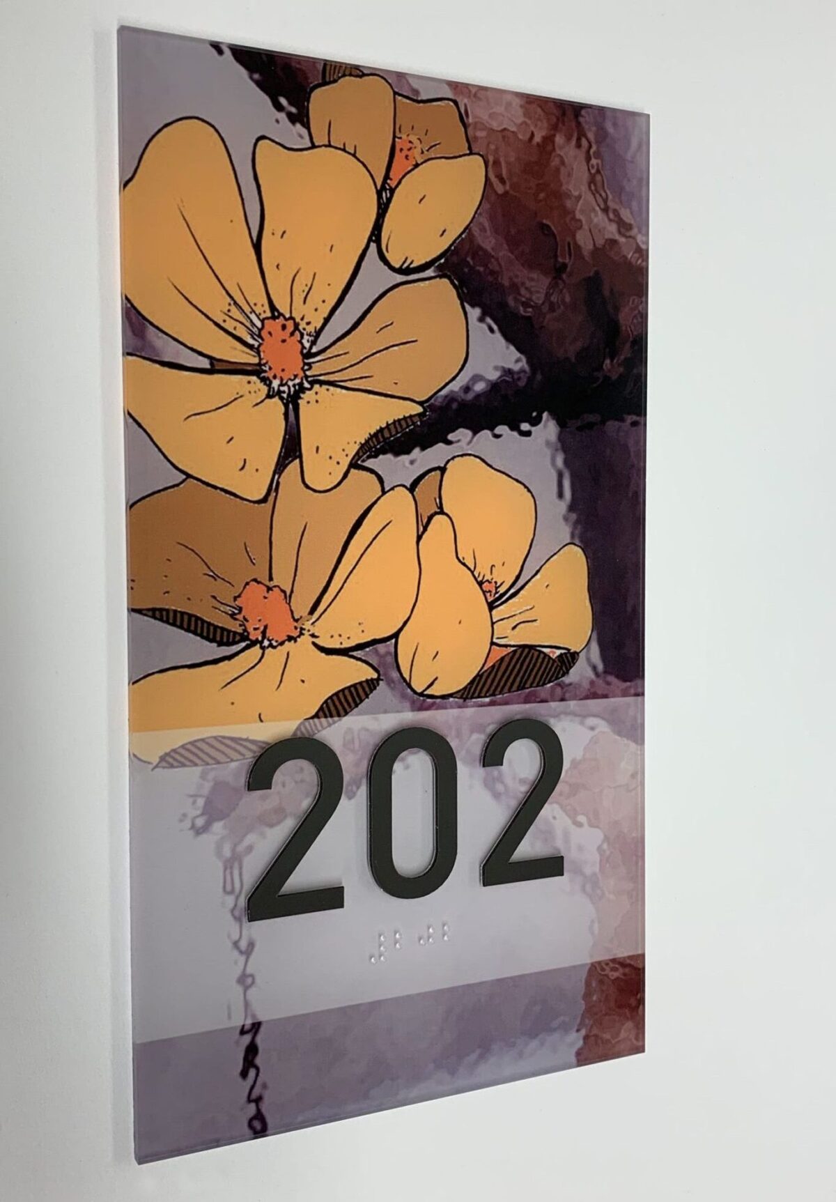 A rectangular wall sign with the number "202" in bold black font. The background features an artistic illustration of three large orange flowers with a mix of dark purple and brown colors.