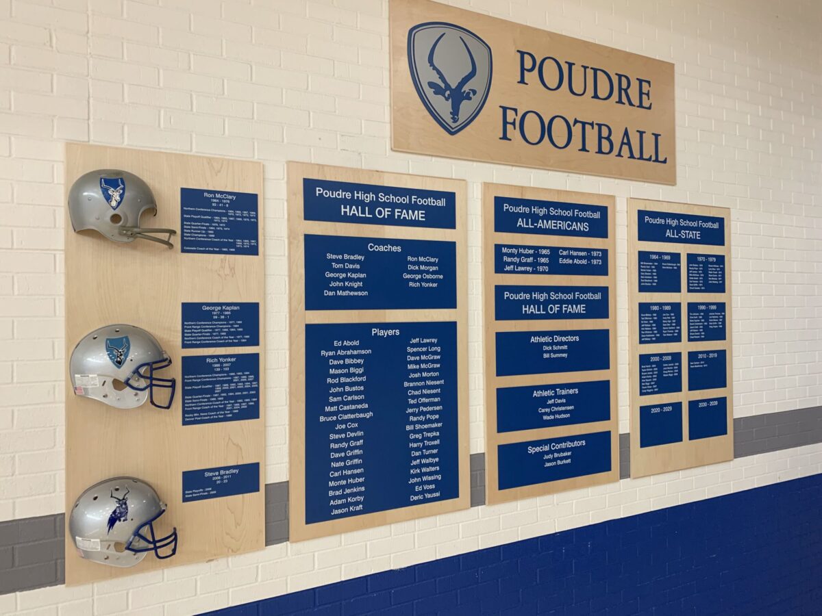 A wall display for Poudre Football featuring two mounted helmets with team logos and several plaques. The plaques list Hall of Fame members, All-Americans, and All-State players, with "Poudre High School Football" prominently displayed at the top.