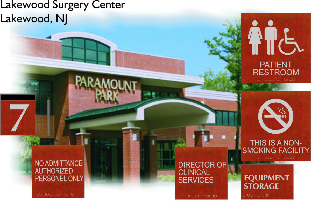 A brick building labeled "Paramount Park" with a sign for "Lakewood Surgery Center" in Lakewood, NJ. Signs include a "Patient Restroom," "No Smoking," "No Admittance Authorized Personnel Only," "Director of Clinical Services," "Equipment Storage," and the number 7.