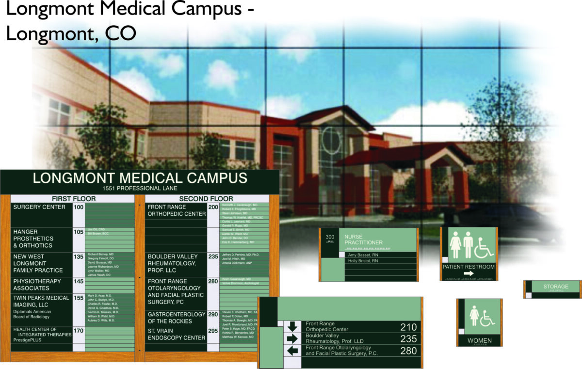 Image of Longmont Medical Campus in Longmont, CO. The building exterior is visible in the background, with directories in the foreground listing various medical services available on the first and second floors, such as surgery, orthopedics, and physical therapy.