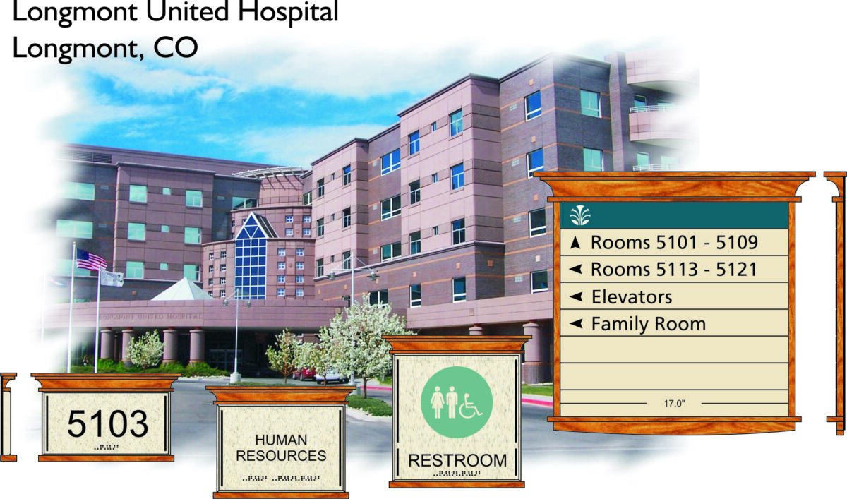 A large hospital building labeled "Longmont United Hospital, Longmont, CO" has signs showing room directions.