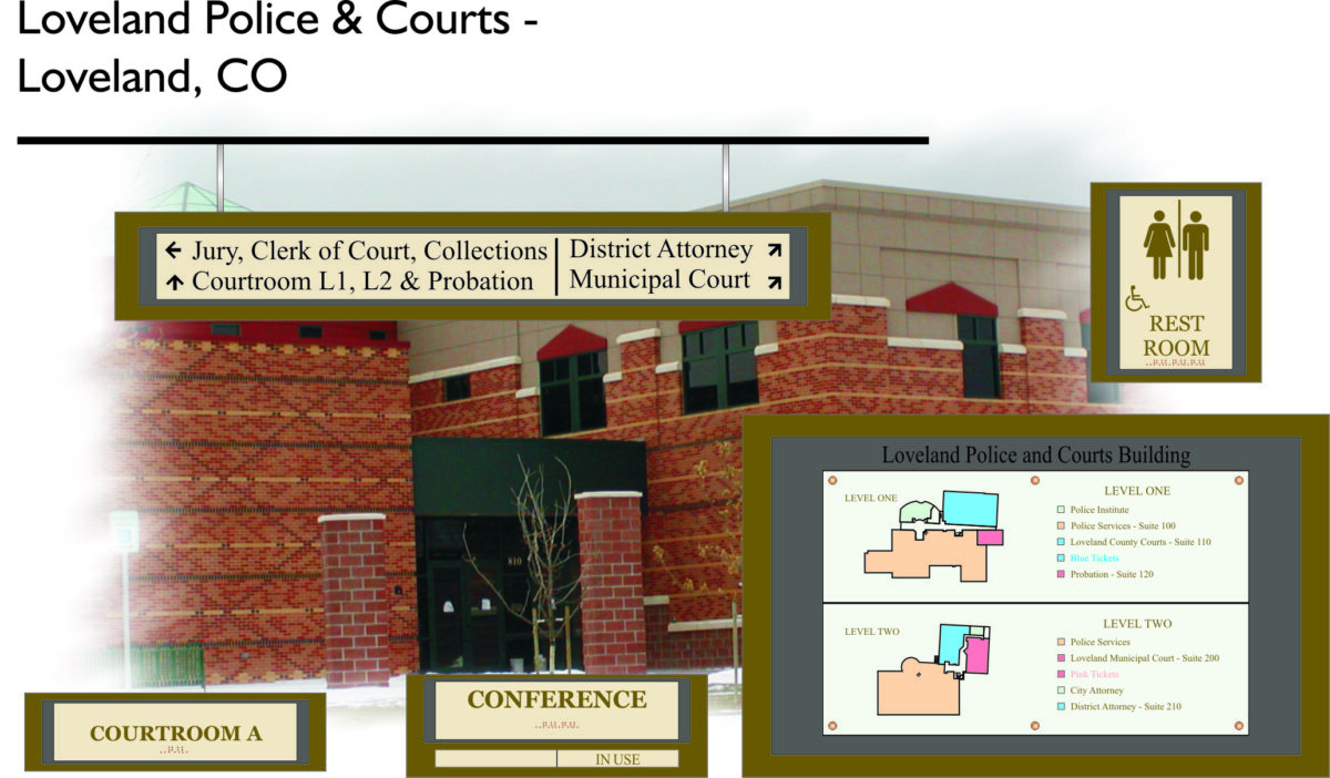 Exterior of Loveland Police & Courts building in Loveland, CO. Signs indicate locations for Jury, Clerk of Court, District Attorney, Municipal Court, and Courtrooms. A floor plan map shows different levels and rooms. There's also a rest room sign.
