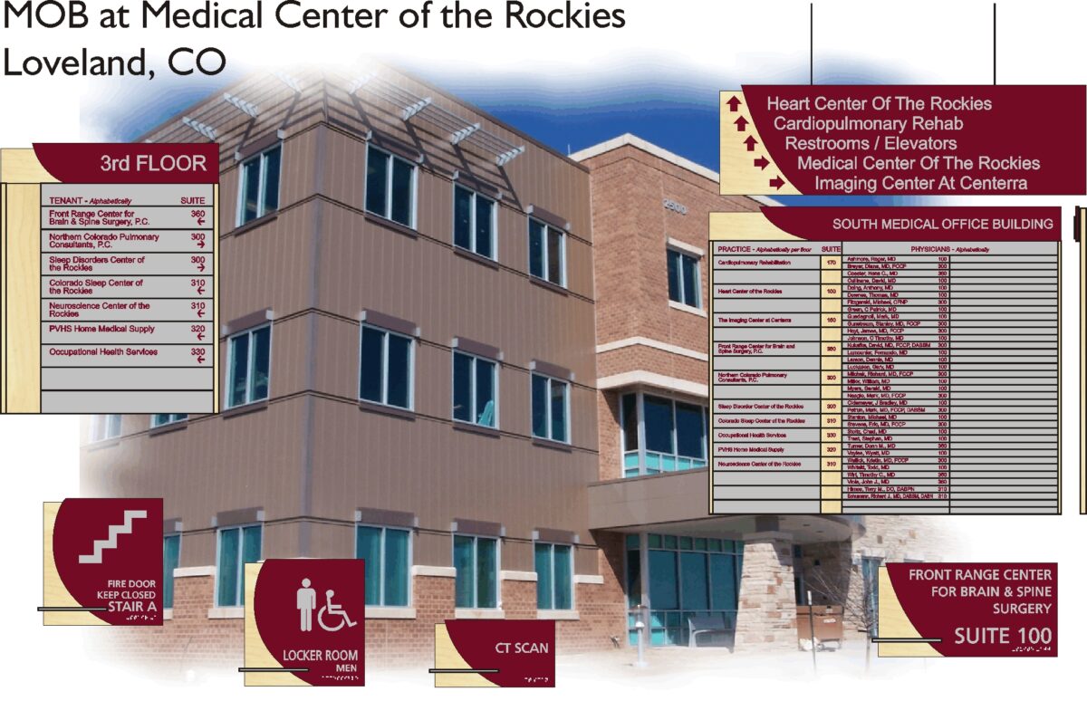 Exterior of UC Health - Longs Peak Hospital in Longmont, CO at dusk, showcasing its modern design with illuminated glass windows and a curved roof. Signs for internal departments, directions, and emergency exits are displayed alongside, emphasizing accessibility.