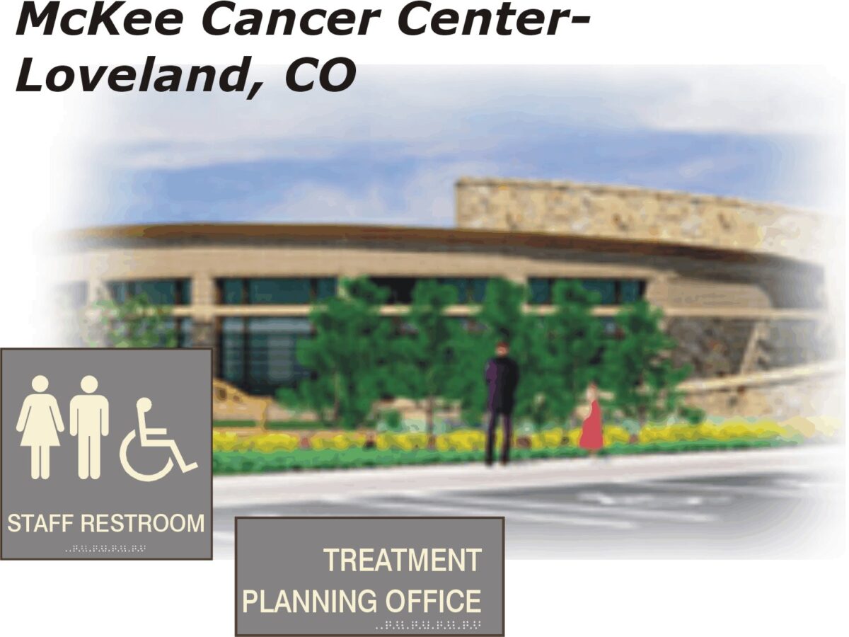 Illustration of McKee Cancer Center in Loveland, CO. The design features a modern building with stone and glass elements. In the foreground, signage indicates locations for "Staff Restroom" and "Treatment Planning Office." Two people are walking toward the entrance.