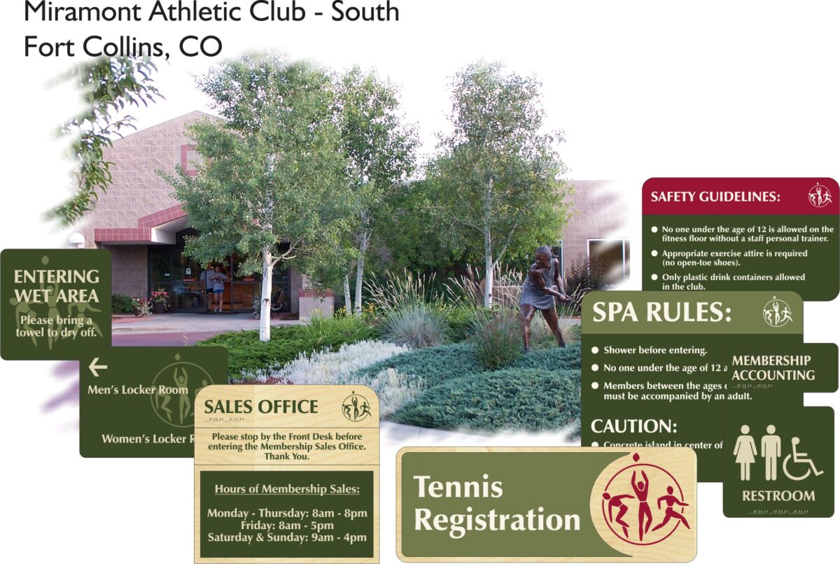 Image of Miramont Athletic Club - South in Fort Collins, CO. The photo features various informational signs about club services and rules, such as sales office hours, spa rules, wet area guidance, tennis registration, and restroom directions.