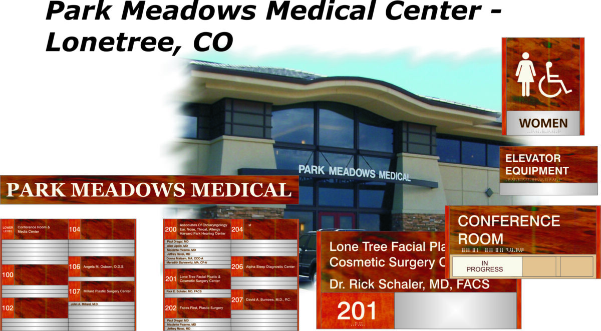 Image showing the front of Park Meadows Medical Center in Lone Tree, CO, with inset signs for parking, elevator, women's restroom, facility directories, and specific offices including Dr. Rick Schaler, MD, FACS, and a conference room.