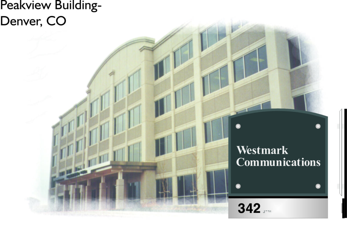 A large, multi-story office building labeled Peakview Building in Denver, CO, with a sign in the foreground reading "Westmark Communications" and the number "342." The building has numerous windows and an entrance with columns.