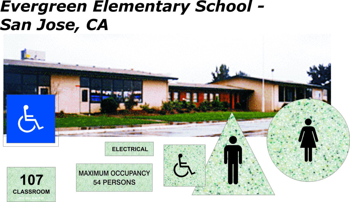 Image of a single-story building labeled "Evergreen Elementary School - San Jose, CA." Signs include a wheelchair symbol indicating accessibility, a green triangular sign with gender-neutral restroom symbols, a classroom number 107 sign, and occupancy and electrical labels.