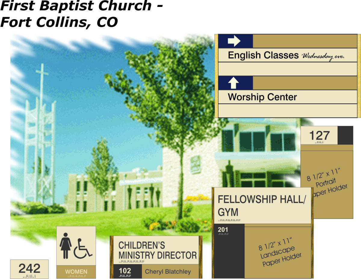 Image shows signage for First Baptist Church in Fort Collins, CO. Signs indicate directions to English classes (Wednesday evening) and the worship center. Other signs show room numbers, fellowship hall/gym, women's restroom, and Children's Ministry Director (Cheryl Blatchley).