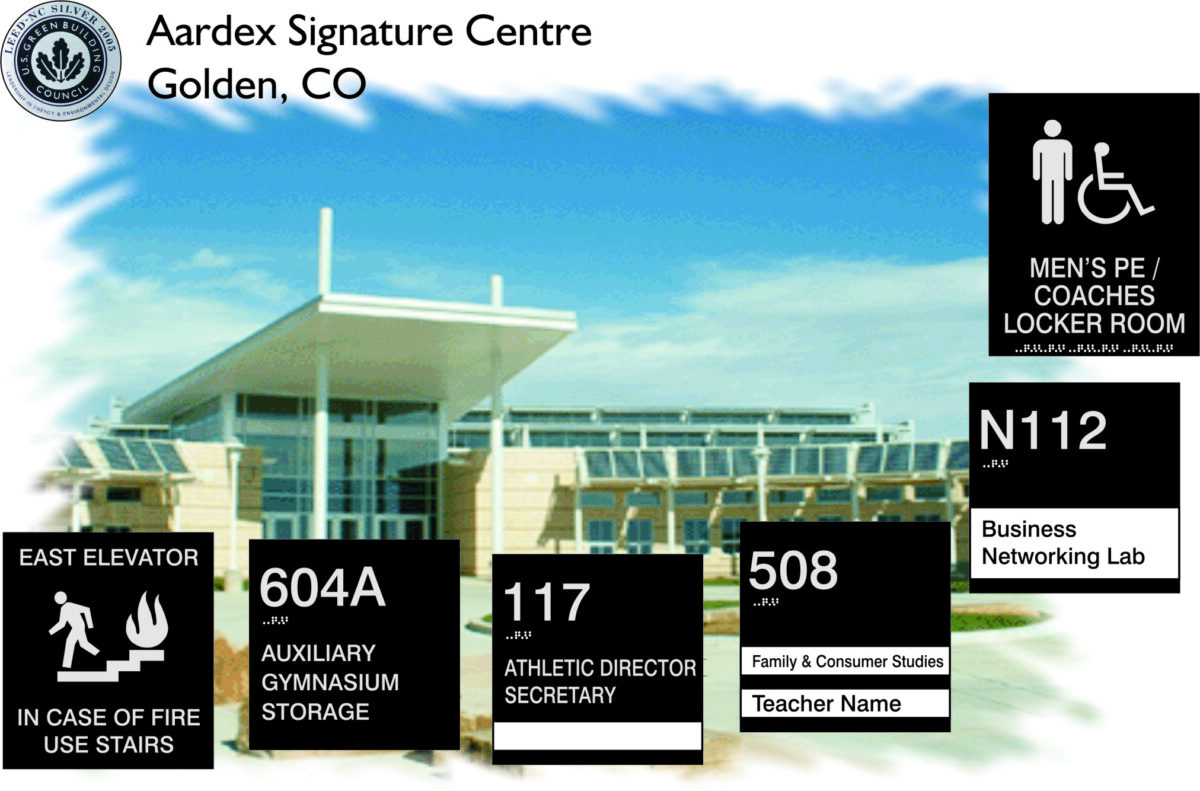 Aardex Signature Centre building in Golden, CO. Overlayed signs: "East Elevator - In Case of Fire Use Stairs," "604A - Auxiliary Gymnasium Storage," "117 - Athletic Director Secretary," "Men's PE/Coaches Locker Room," "N112 - Business Networking Lab," "508 - Family & Consumer Studies - Teacher Name.