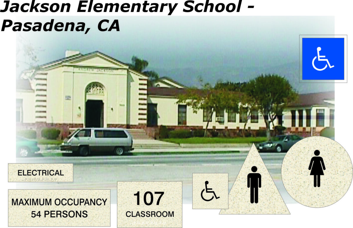 Image of Jackson Elementary School in Pasadena, CA, showing the front of the building. Overlay text includes the school's name, a blue wheelchair access symbol, and icons indicating a maximum occupancy of 54 persons and 107 classrooms.