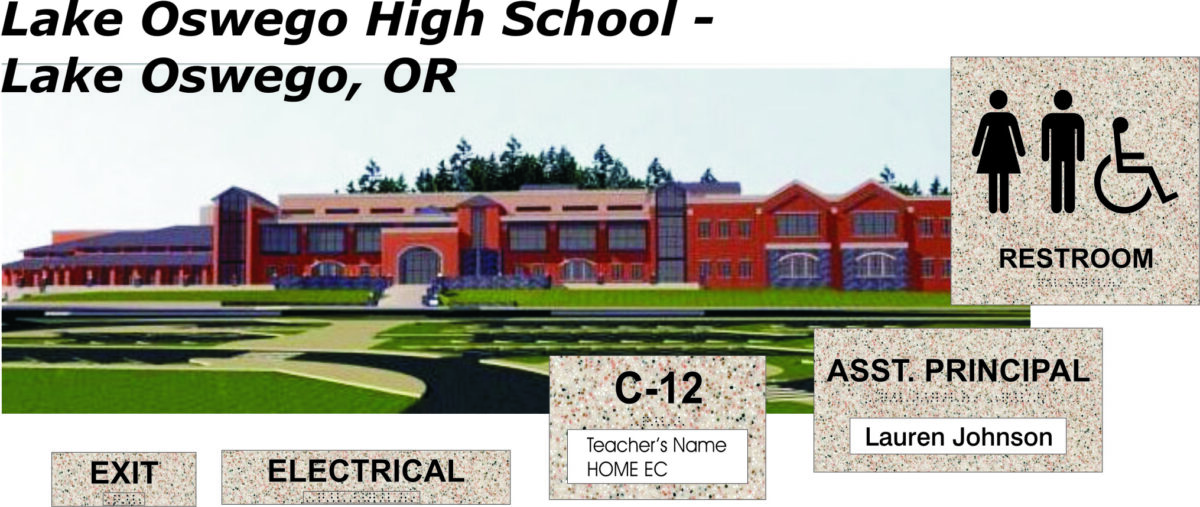 Aerial view of Lake Oswego High School in Lake Oswego, OR. Various signs are in the foreground for directions to an exit, electrical area, restroom, C-12 home economics class, and the assistant principal's office.