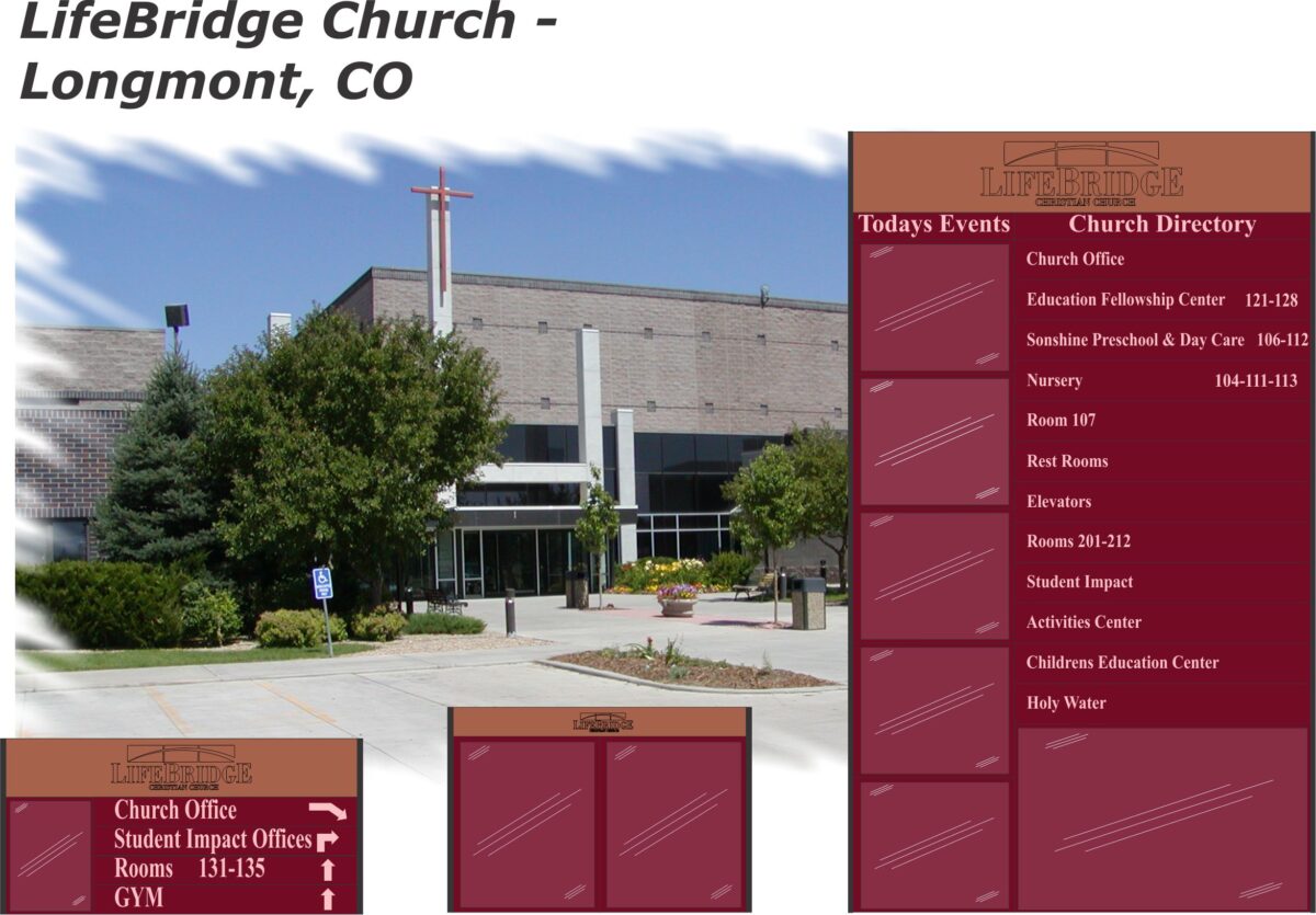 Exterior view of LifeBridge Church in Longmont, CO. The building has a modern design with a cross at the entrance. The image includes a directory with church office locations, classrooms, a nursery, restrooms, elevators, an activity center, and holy water.