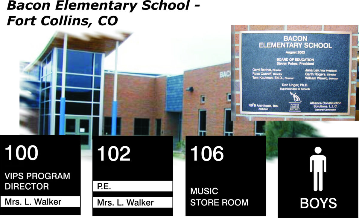 The image shows Bacon Elementary School in Fort Collins, CO, with a close-up of its sign listing board members and associated companies. Below, it displays room numbers and labels for rooms 100 (VIPS Program Director), 102 (P.E.), 106 (Music Store Room), and boys' restroom.