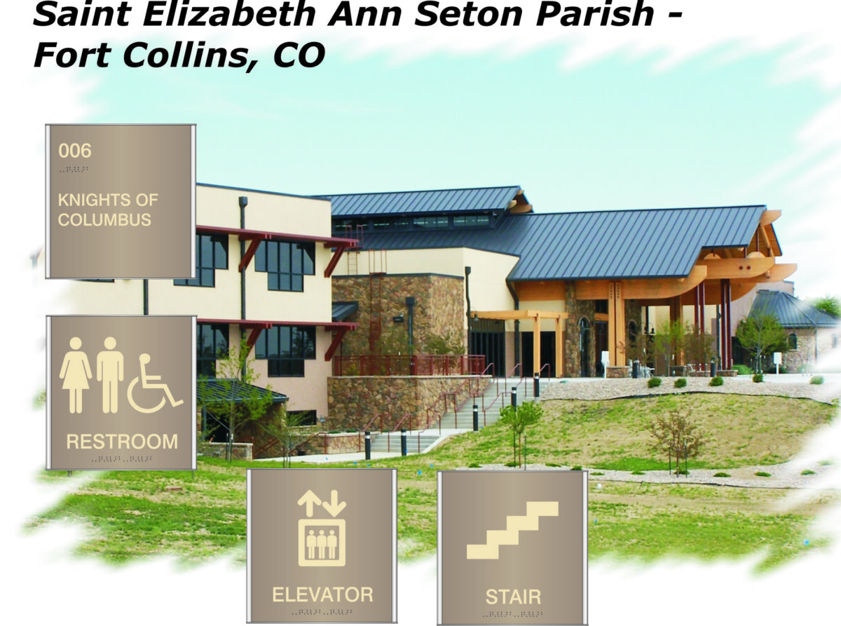 A modern building labeled "Saint Elizabeth Ann Seton Parish - Fort Collins, CO" with stairs leading to the entrance. Icons indicate the 006 Knights of Columbus room, wheelchair-accessible restroom, elevator, and stairs locations with braille included.