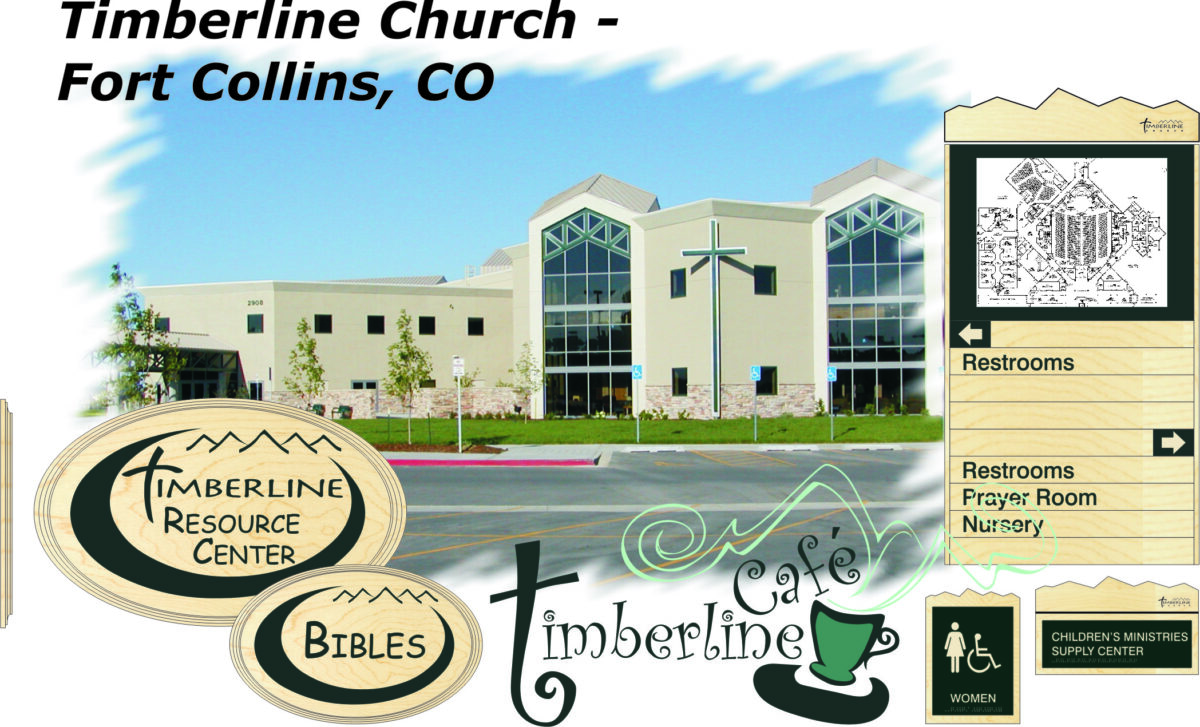 A modern, cream-colored church building with "Timberline Church - Fort Collins, CO" written above. Various signs indicate amenities such as Timberline Resource Center, Bibles, Timberline Cafe, restrooms, a prayer room, and a nursery.