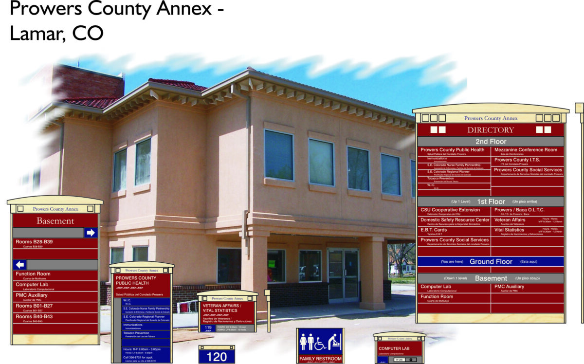 A photo of the Prowers County Annex in Lamar, CO. It's a two-story tan building with large windows. Several directories and signs listing rooms, services, and facilities are overlaid on the image, indicating various functions across different floors and areas.
