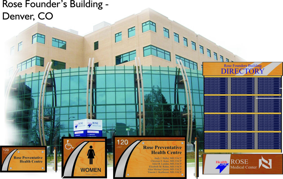 Image of Rose Founder’s Building in Denver, CO. The building has a modern design with large windows and beige walls. Directories and signs in front indicate “Rose Preventative Health Centre," a women’s restroom, and display a directory with various office listings.