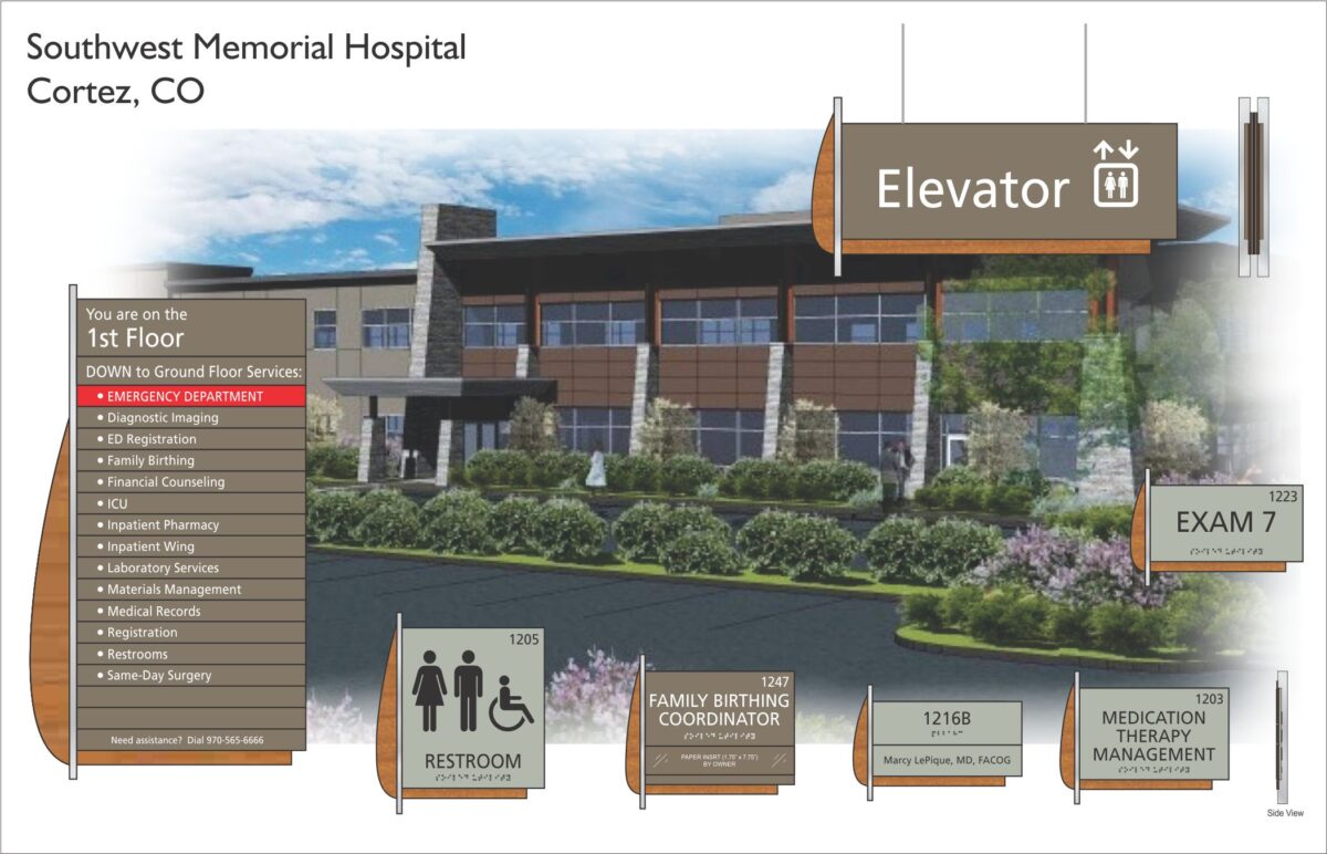 Illustration of the 1st floor of Southwest Memorial Hospital in Cortez, CO. Includes directions to elevator, emergency department, diagnostic imaging, and more. Prominent signs for exam rooms, restroom, medication therapy management, and family birthing coordinator.