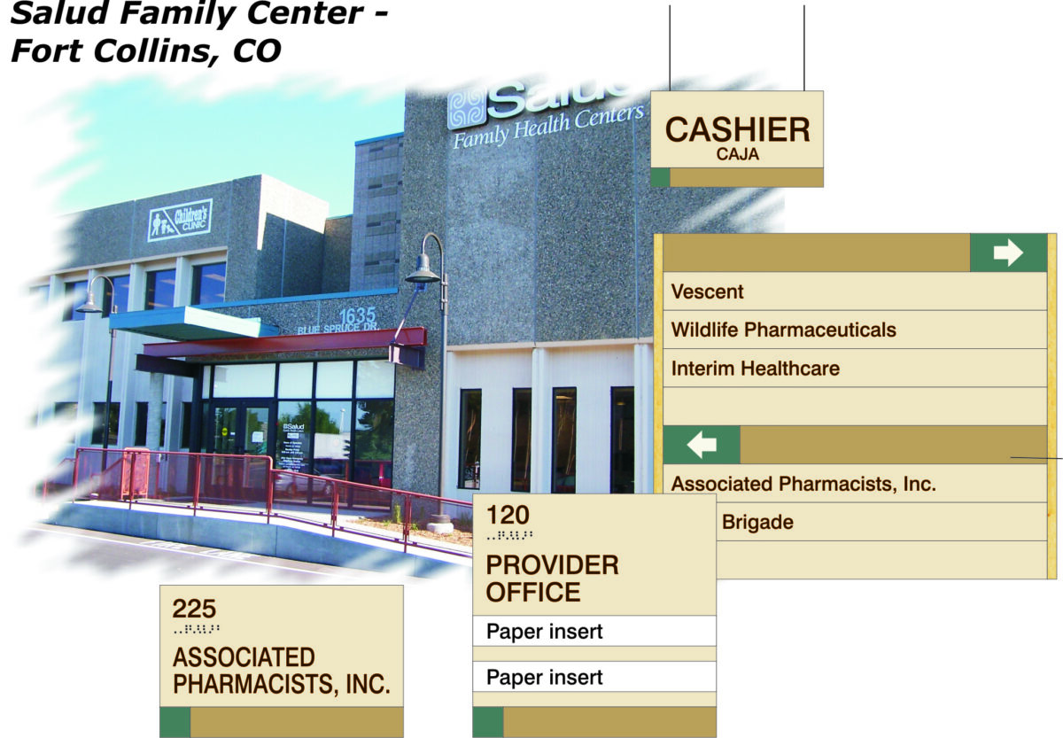 Image of Salud Family Health Centers building in Fort Collins, CO. Various directory signs are overlayed, listing locations for Cashier, Vescent, Wildlife Pharmaceuticals, Interim Healthcare, and Associated Pharmacists, Inc. The office rooms are noted as 120 and 225.