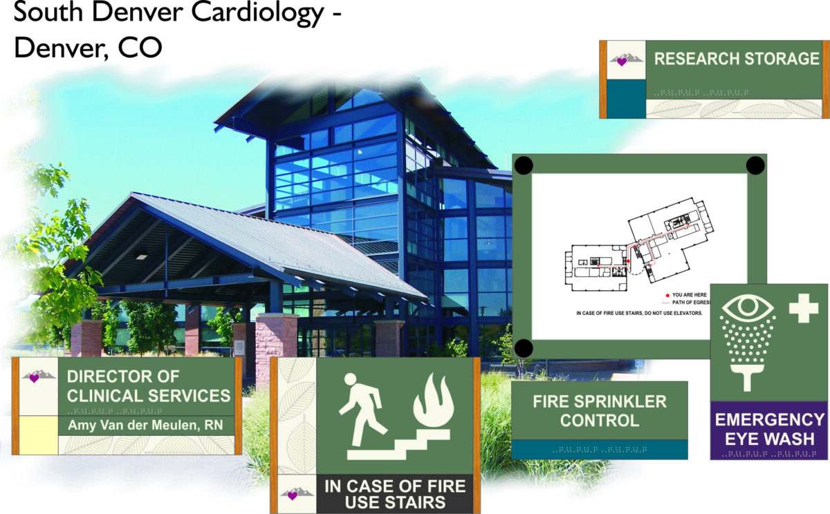 A modern building with glass walls and a peaked roof is labeled "South Denver Cardiology - Denver, CO." Surrounding it are signs that read: "Director of Clinical Services," "In Case of Fire Use Stairs," "Fire Sprinkler Control," "Emergency Eye Wash," and "Research Storage.