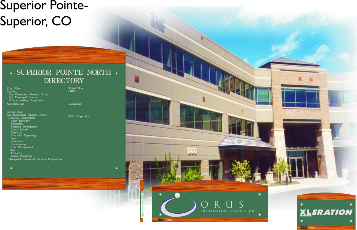 The image shows a modern office building with several company signs, including a large green directory sign for "Superior Pointe North," an "Orus Information Services, Inc." sign, and an "XLERATION" sign. The directory lists multiple businesses and their suite numbers.